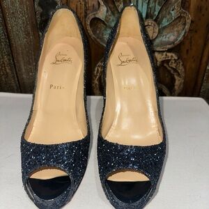 Christian Louboutin Navy Glitter Peep-Toe Heels